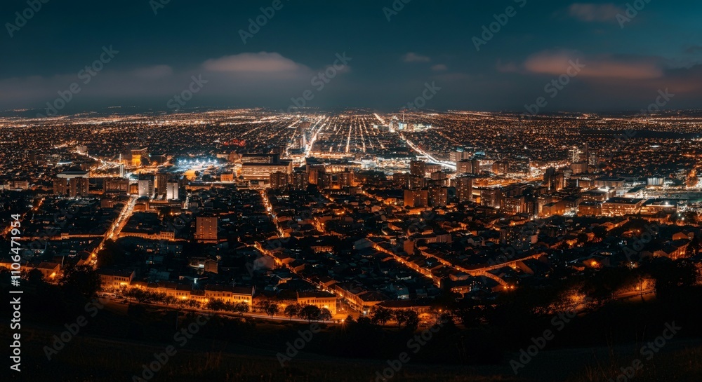 Obraz premium Aerial view of a cityscape with lights glowing at twilight