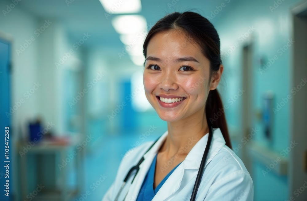 A healthcare professional stands confidently in a brightly lit hospital corridor. Wearing a white coat and stethoscope, she smiles warmly, embodying positivity and care in her environment. Copy space