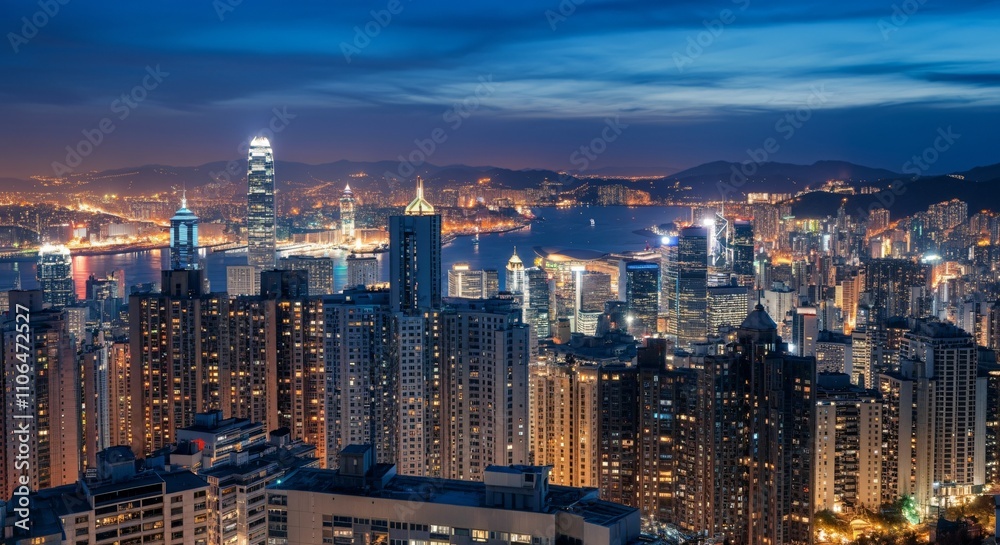Obraz premium Aerial view of a cityscape with lights glowing at twilight