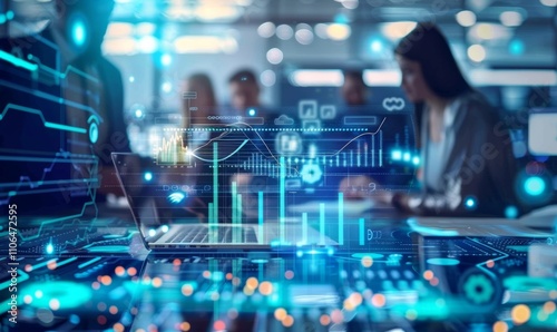 A computer screen with a woman on it and a man in the background