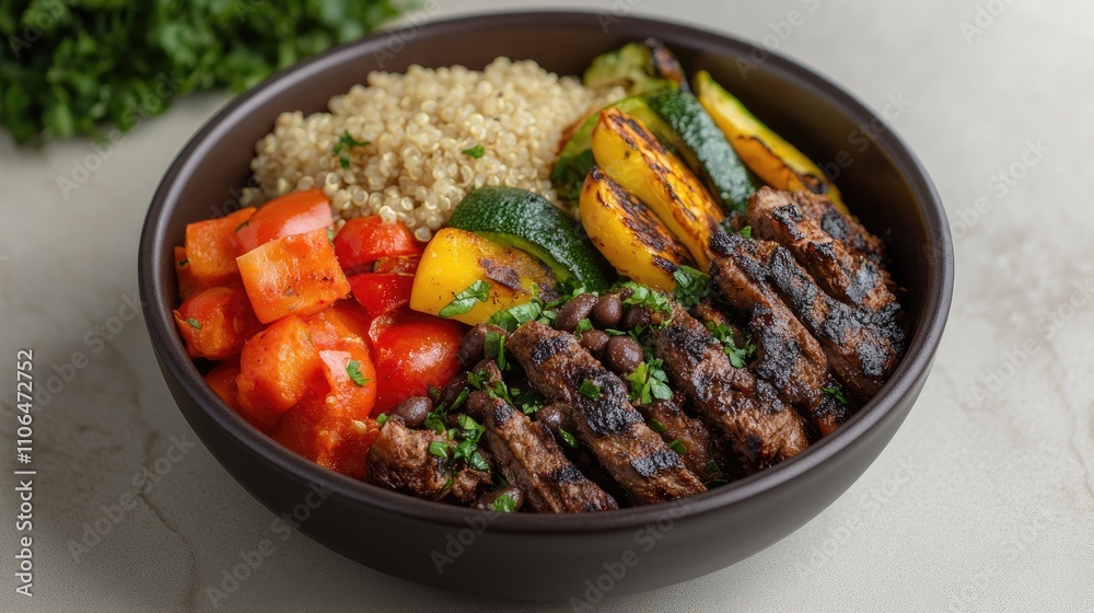 Delicious Grilled Meat Bowl with Quinoa and Fresh Vegetables Delicious Grilled Meat Bowl with Quinoa and Fresh Vegetables