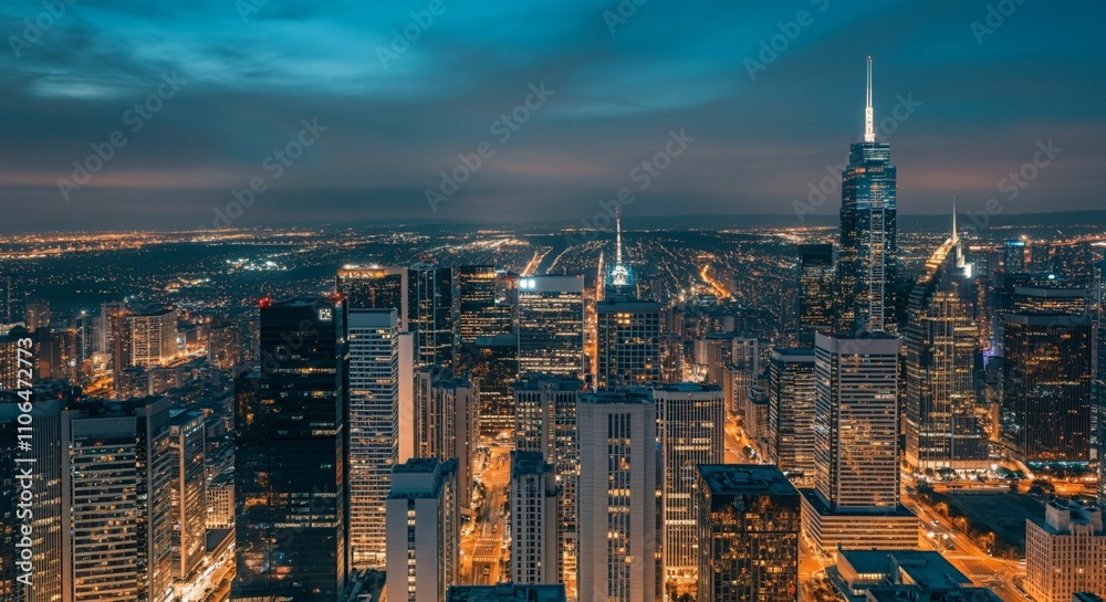 Fototapeta premium Aerial view of a cityscape with lights glowing at twilight