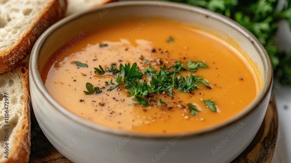 Creamy Orange Soup with Fresh Herbs and Slices of Bread Creamy Orange Soup with Fresh Herbs and Slices of Bread