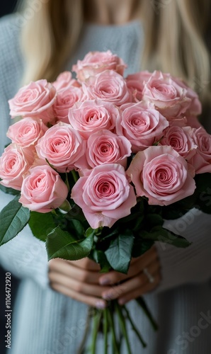 A woman is holding a bouquet of pink roses