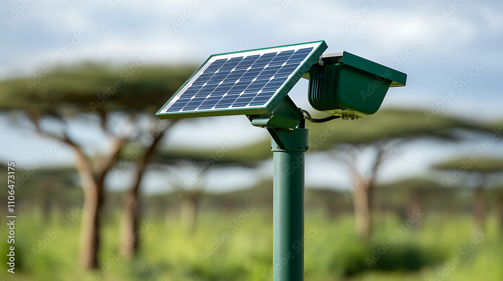 Solar powered surveillance equipment stands tall in lush landscape, showcasing its eco friendly design and functionality. This innovative technology blends seamlessly with nature Solar powered surveillance equipment stands tall in lush landscape, showcasing its eco friendly design and functionality. This innovative technology blends seamlessly with nature