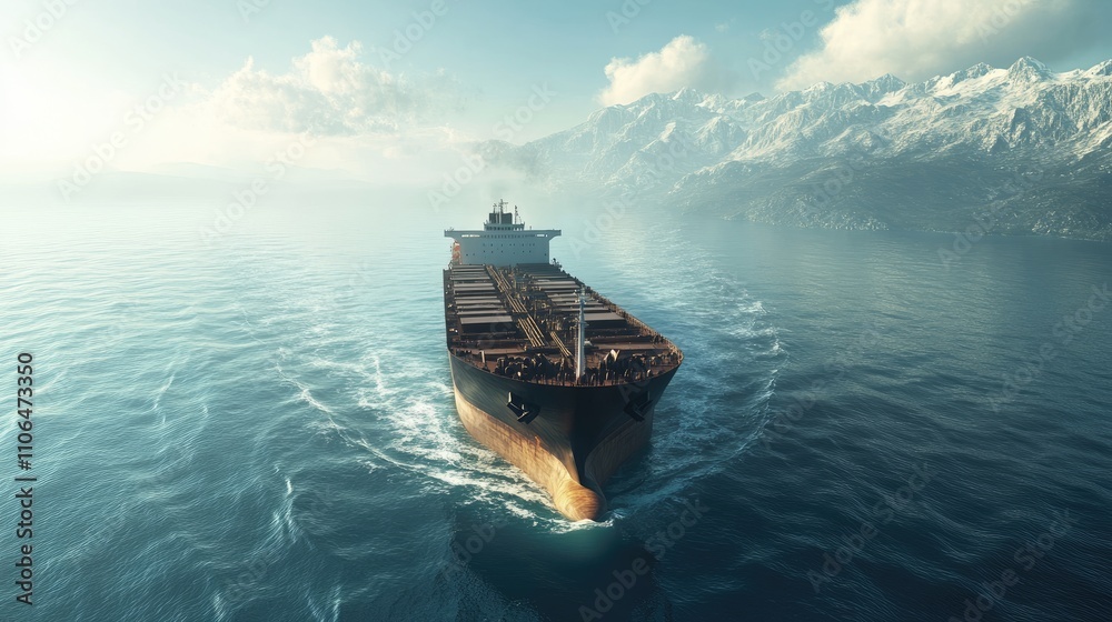 Large cargo ship navigating through calm ocean near mountain range Large cargo ship navigating through calm ocean near mountain range