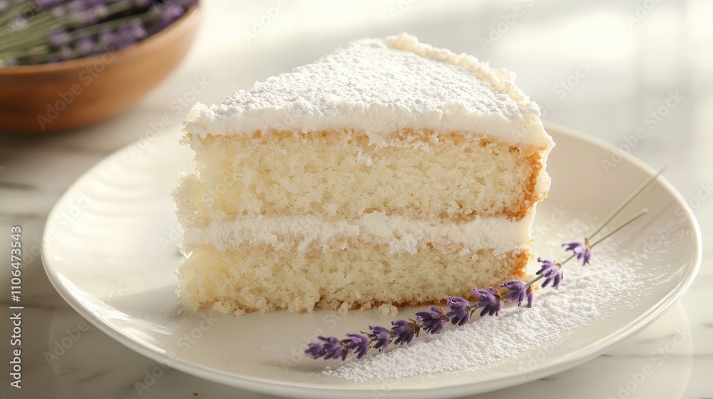 Slice of Vanilla Cake with Lavender Garnish on a White Plate Slice of Vanilla Cake with Lavender Garnish on a White Plate