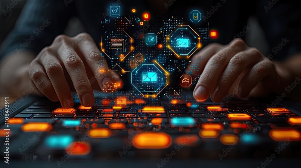Hands on Digital Learning: Closeup of a Laptop Keyboard with Icons Showcasing Modern Educational Tools & Resources Hands on Digital Learning: Closeup of a Laptop Keyboard with Icons Showcasing Modern Educational Tools & Resources