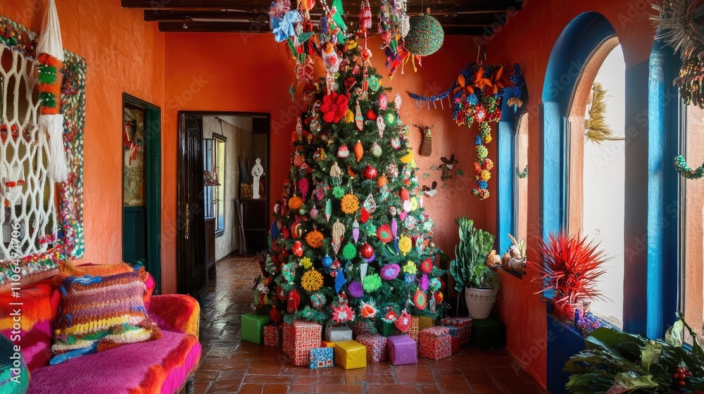 Naklejka premium Colorful Holiday Decor in Festive Living Room with Christmas Tree