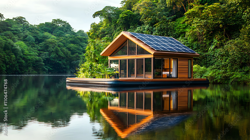 solar powered floating house surrounded by lush greenery reflects beautifully in calm water, showcasing sustainable living in nature solar powered floating house surrounded by lush greenery reflects beautifully in calm water, showcasing sustainable living in nature