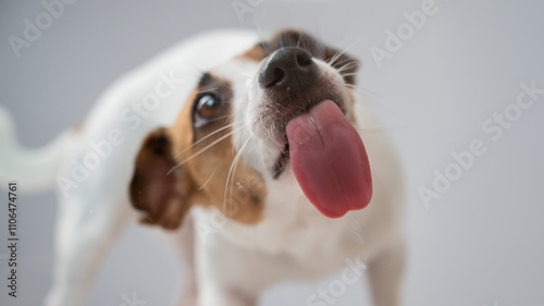 Jack Russell Terrier dog licking transparent glass on white background. 