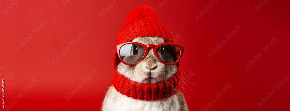An Adorable and Fashionable Rabbit Wearing Stylish Red Accessories for a Celebration Mood. Christmas banner with copy sapce for sale text.