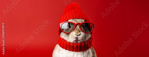 Obraz na płótnie An Adorable and Fashionable Rabbit Wearing Stylish Red Accessories for a Celebration Mood. Christmas banner with copy sapce for sale text. w salonie