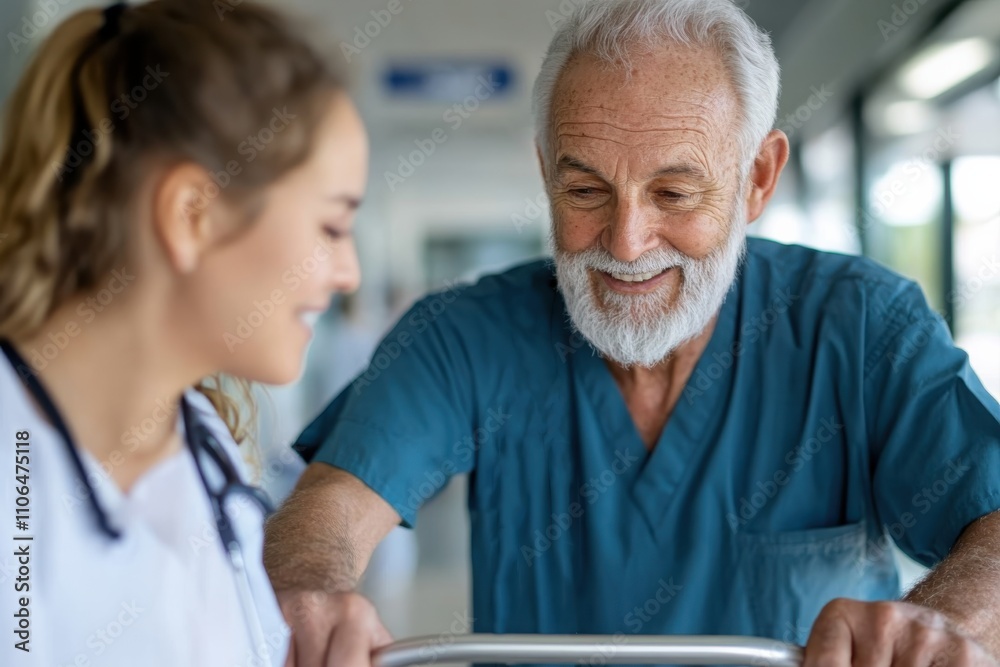 Obraz premium An elderly man shares a joyful moment with a young healthcare professional in a hospital, highlighting the bond created through empathetic care and support.