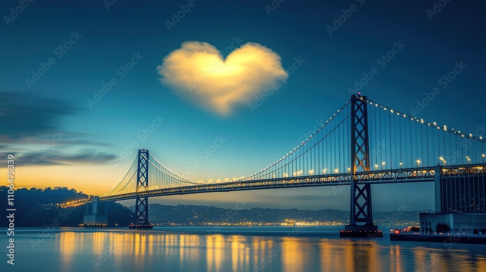 A beautiful bridge illuminated by the warm golden hour light, arching gracefully over a river, with a soft heart-shaped cloud floating in the sky, creating a romantic and serene atmosphere A beautiful bridge illuminated by the warm golden hour light, arching gracefully over a river, with a soft heart-shaped cloud floating in the sky, creating a romantic and serene atmosphere