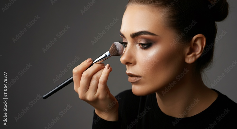 Fototapeta premium Professional makeup artist applying makeup in a bright, modern studio