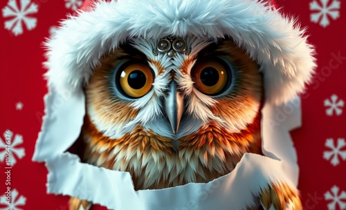 owl christmas Owl wearing santa hat, looking thru torn red wallpaper hole, copy paste banner, christmas theme  animal, decoration, season, bird photo