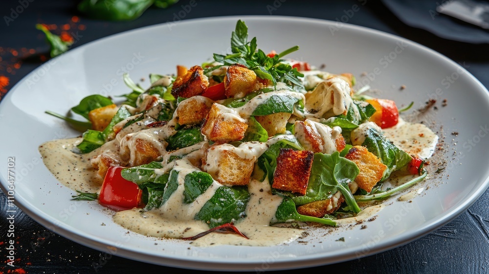 Fresh Salad with Spinach, Croutons, and Creamy Dressing on Plate Fresh Salad with Spinach, Croutons, and Creamy Dressing on Plate