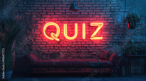 Quiz neon sign illuminating brick wall, game show text glowing brightly, competition themed trivia contest advertisement, light up display for night event. photo