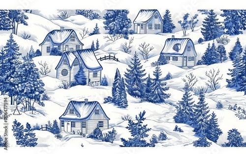 A blue and white painting of a snowy landscape with a row of houses