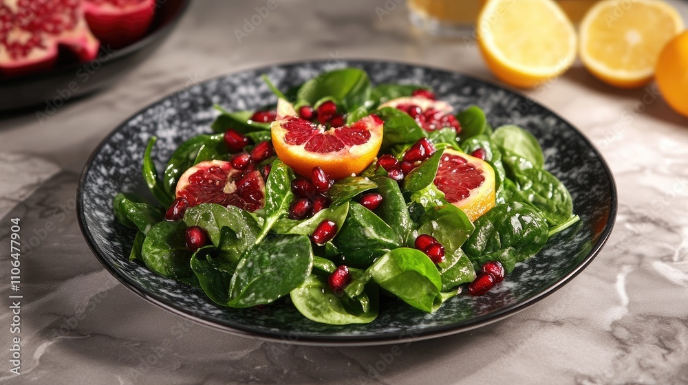 Fresh Spinach Salad with Blood Orange and Pomegranate on Marble Table Fresh Spinach Salad with Blood Orange and Pomegranate on Marble Table