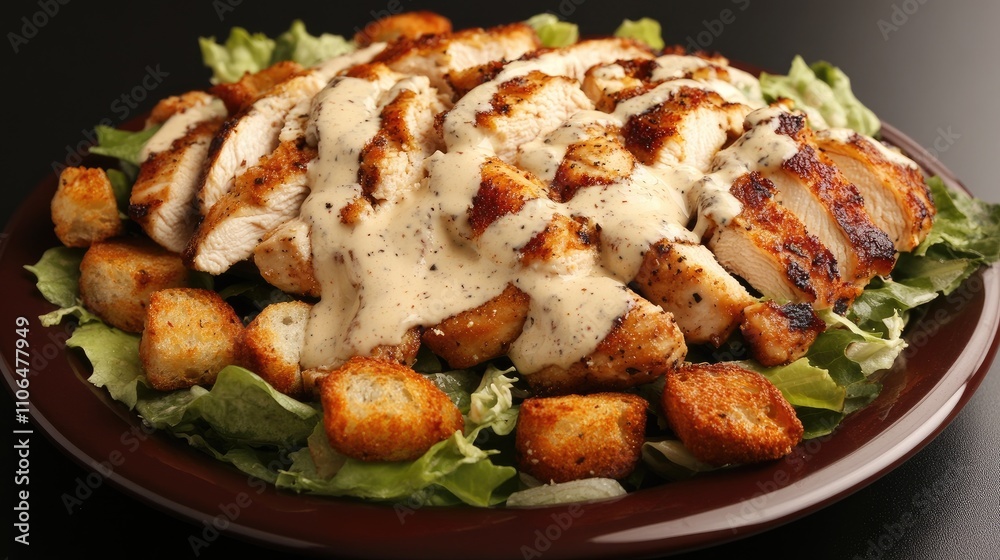 Grilled Chicken Salad with Creamy Dressing and Croutons on Greens Grilled Chicken Salad with Creamy Dressing and Croutons on Greens