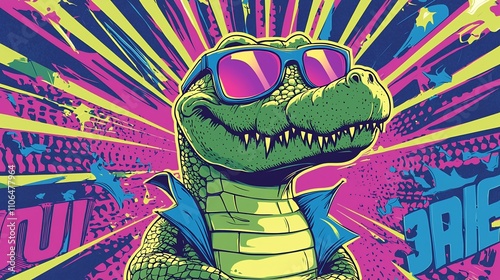 Cool alligator wearing sunglasses on vibrant background.