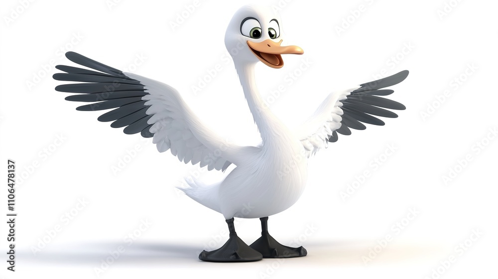 Obraz premium A full-body cartoon illustration of a graceful swan with a white background, showcasing its elegant posture and smooth feathers in a playful and charming style, perfect for animal lovers and whimsical
