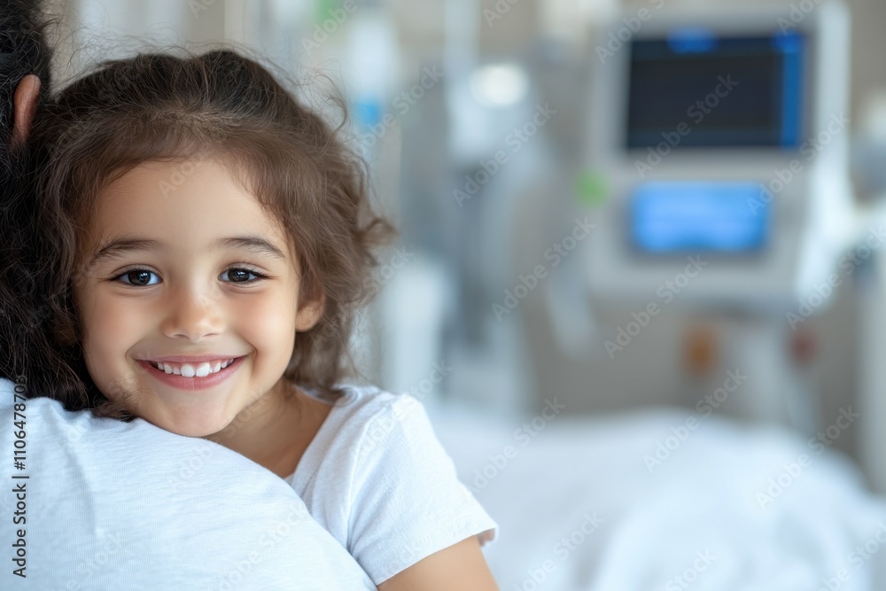 A joyful little girl smiles brightly while hugging an adult, encapsulating love and care in a hospital environment, highlighting the bond during tough times. A joyful little girl smiles brightly while hugging an adult, encapsulating love and care in a hospital environment, highlighting the bond during tough times.