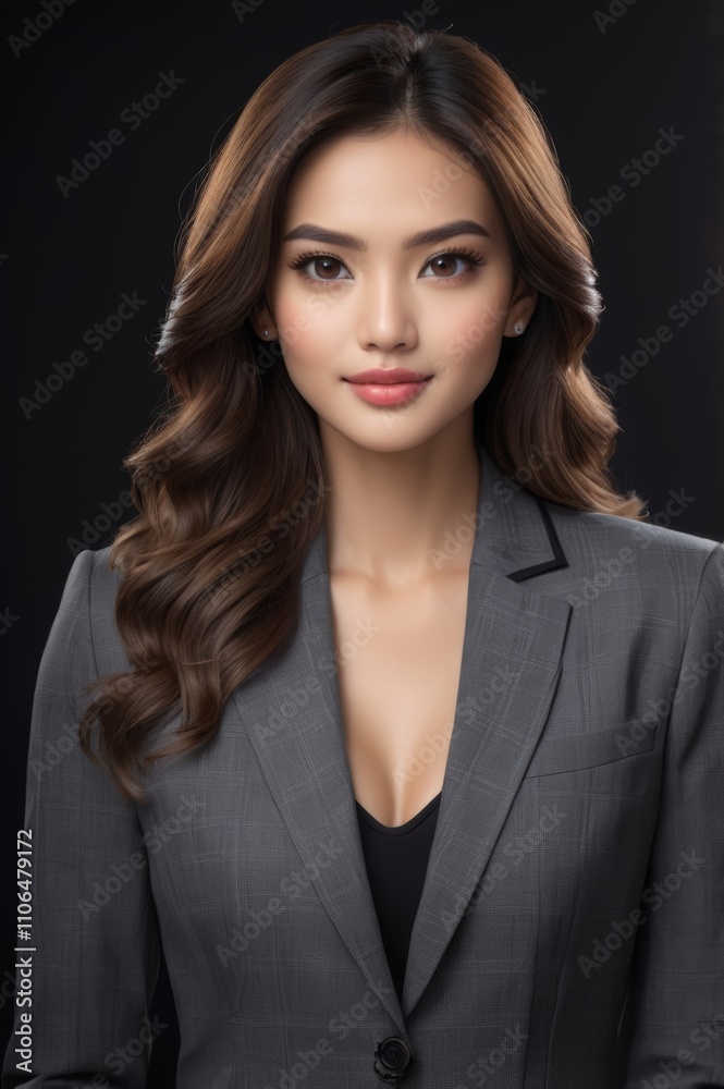 young beautiful asian model, pretty woman with beautiful hair, looking at camera, business suit, bright clothes, slim waistline, grey background, studio shoot, studio lighting young beautiful asian model, pretty woman with beautiful hair, looking at camera, business suit, bright clothes, slim waistline, grey background, studio shoot, studio lighting