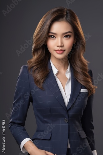 young beautiful asian model, pretty woman with beautiful hair, looking at camera, business suit, bright clothes, slim waistline, grey background, studio shoot, studio lighting