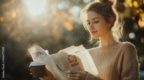 Woman reads newspaper outdoors in autumn sunlight.