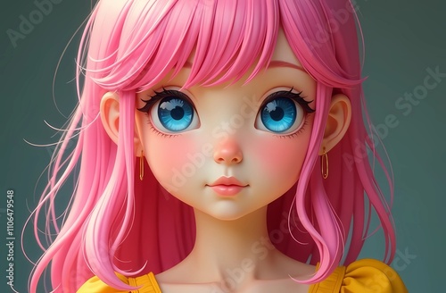 Portrait of a Cartoon girl with pink hair and blue eyes in a yellow dress. Doll with pink hair. A character with bright hair.