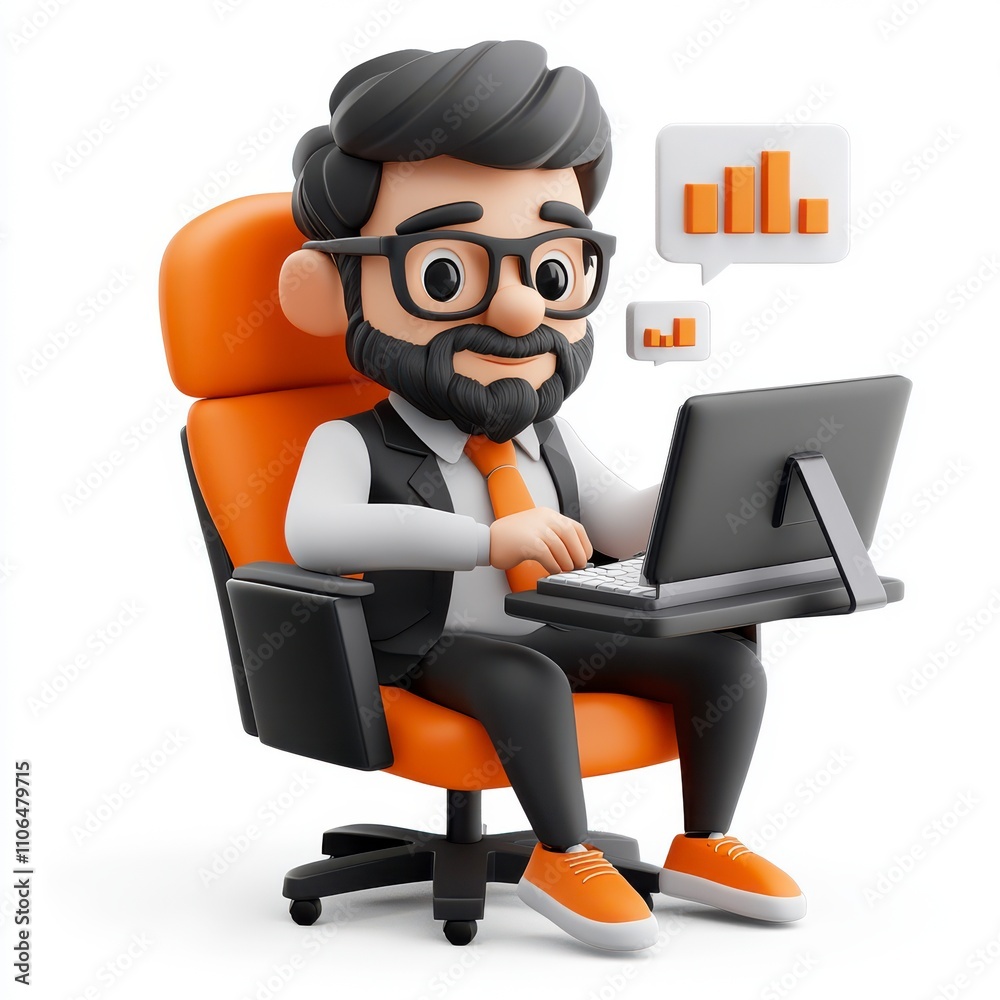 Cartoon character of an engaged professional man working on a laptop in an office chair, surrounded by data visualization elements and graphs, representing innovation and productivity. Cartoon character of an engaged professional man working on a laptop in an office chair, surrounded by data visualization elements and graphs, representing innovation and productivity.