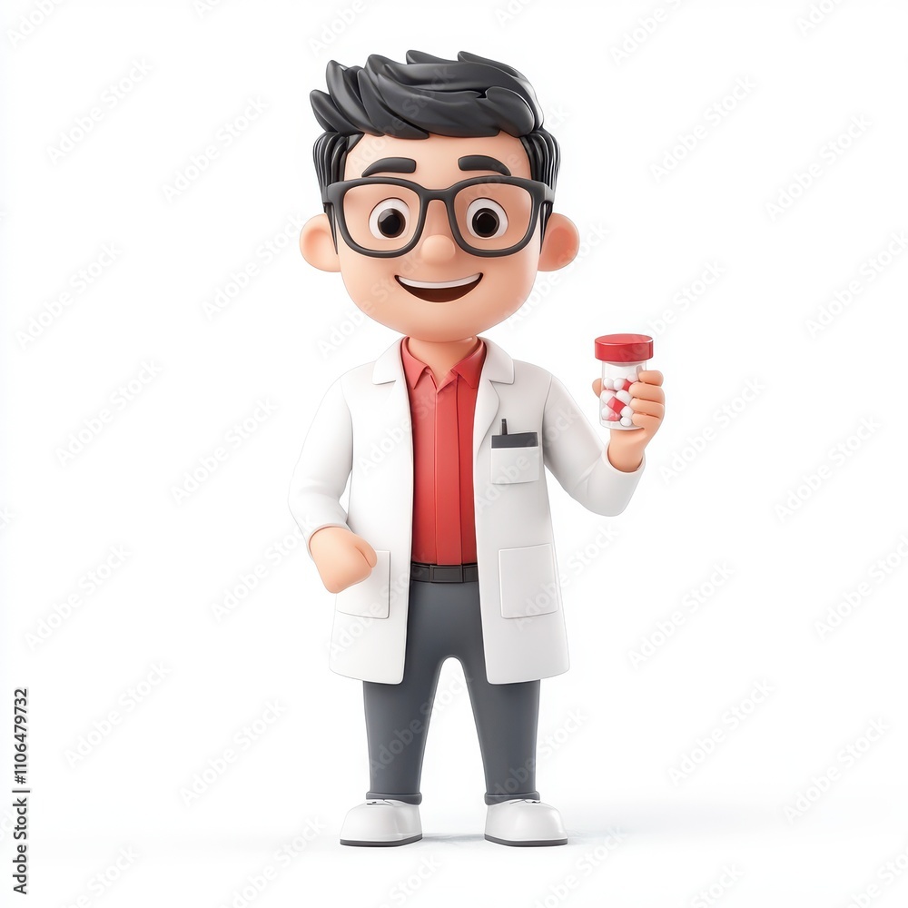 Charming cartoon character of a friendly male pharmacist in a white lab coat holding a medicine bottle, exuding trust and approachability for healthcare and pharmacy themes. Charming cartoon character of a friendly male pharmacist in a white lab coat holding a medicine bottle, exuding trust and approachability for healthcare and pharmacy themes.