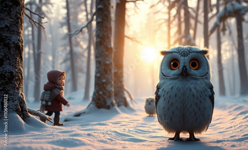 owl christmas Child walking in snowy forest with owls at sunset  animal, decoration, season, bird photo