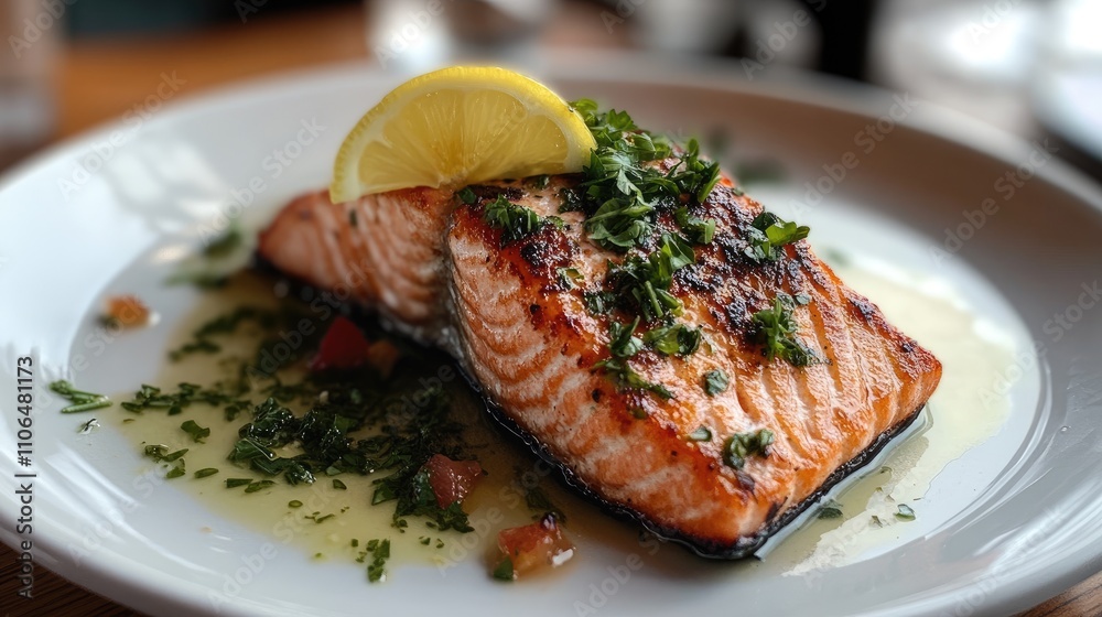 Grilled Salmon Fillet with Lemon and Fresh Herbs on Plated Dish Grilled Salmon Fillet with Lemon and Fresh Herbs on Plated Dish
