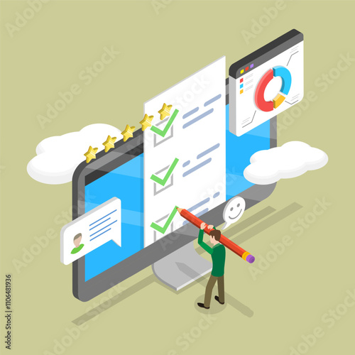 3D Isometric Flat Vector Illustration of Questionnaire Form, ToDo Check List