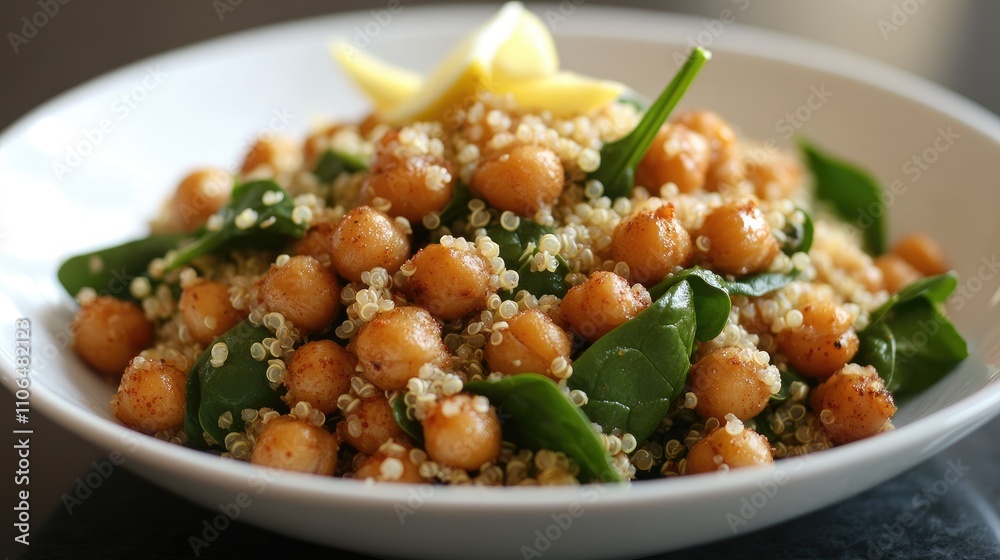 Fresh Quinoa Salad with Chickpeas and Spinach Garnished with Lemon Fresh Quinoa Salad with Chickpeas and Spinach Garnished with Lemon