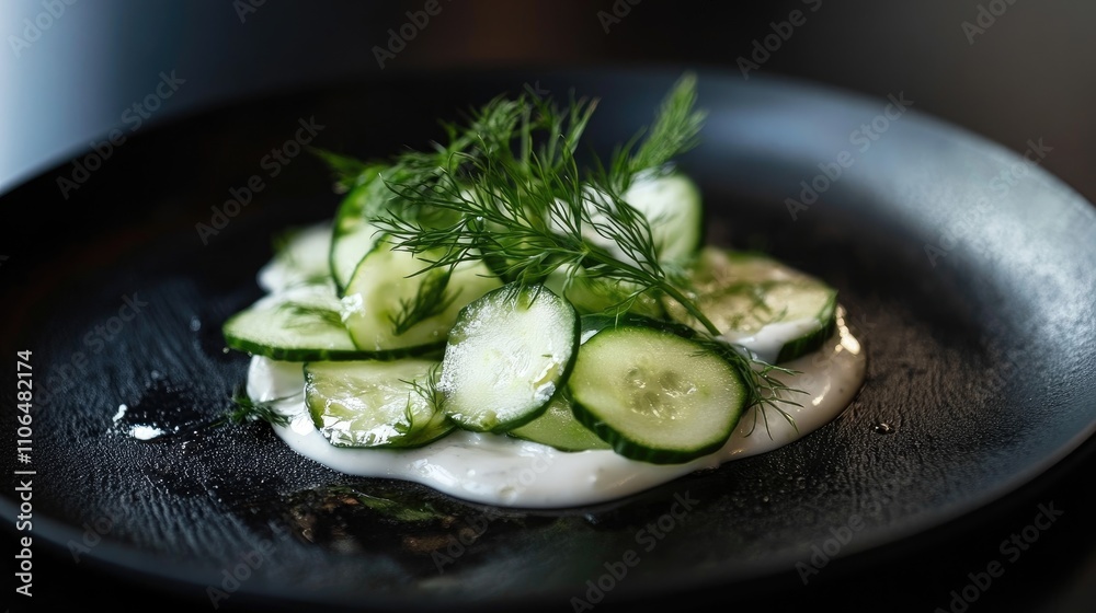 Fresh Cucumber Salad with Dill on Dark Plate Presentation Fresh Cucumber Salad with Dill on Dark Plate Presentation