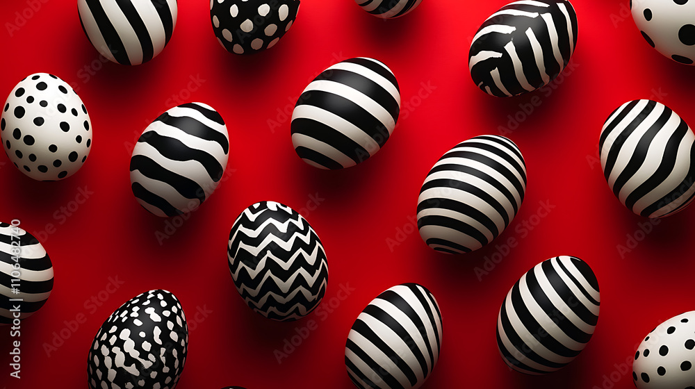 HAPPY EASTER black and white easter eggs are arranged on red background with stripes HAPPY EASTER black and white easter eggs are arranged on red background with stripes