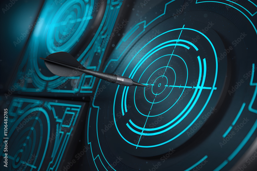 Fototapeta premium A black dart is in the center of a blue circle with a green background