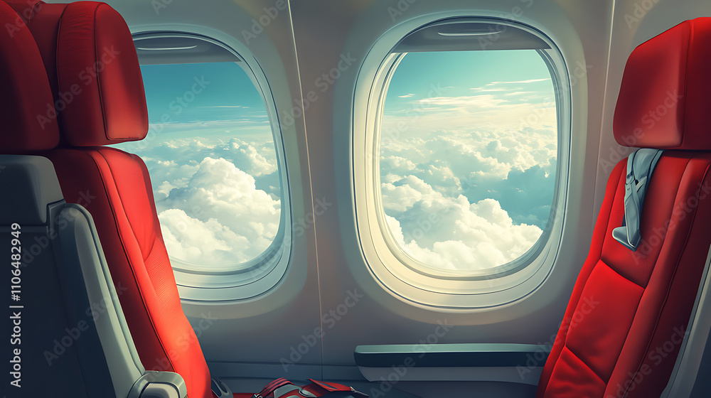 Inside the aircraft, there's a view of clouds through the window beside the airplane seat Inside the aircraft, there's a view of clouds through the window beside the airplane seat
