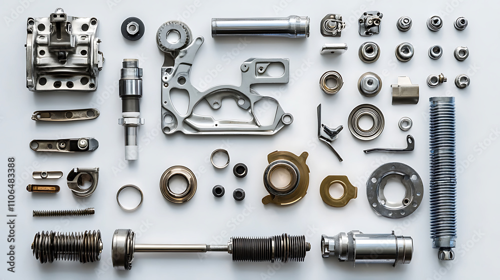 Sapre parts, White background with an auto motor mechanic spare or automotive component, new metal car part set, auto engine repair Sapre parts, White background with an auto motor mechanic spare or automotive component, new metal car part set, auto engine repair