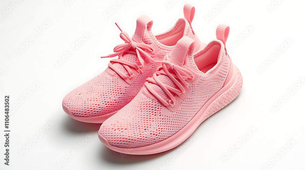 A pair of pink sports shoes set against a white background A pair of pink sports shoes set against a white background