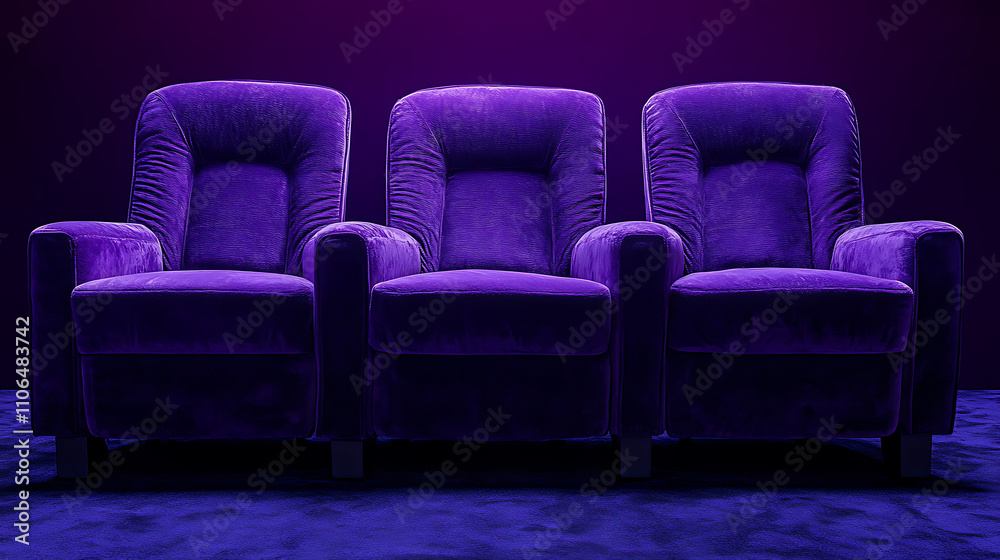 Fototapeta premium Three plush purple theater seats, a deep purple backdrop, a clear frame, a product shot, a wide shot, a square shot, a packshot, and no shadows