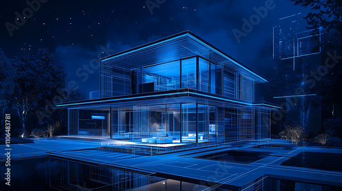 A smart home designed in the blueprint style with modular design, dimensional multilayering, cyan color scheme, light black and blue hues, and line and dot work photo