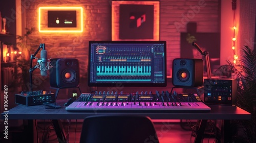 Music production studio with computer, keyboard, and microphone. photo