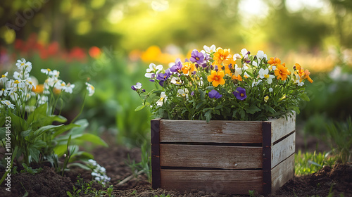 A wooden box with garden flowers stands on the ground against the backdrop of a spring garden