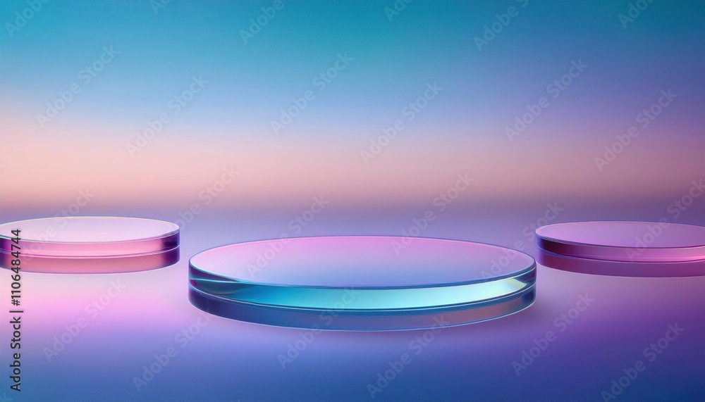 Round glass plates with different colors are on a table Round glass plates with different colors are on a table